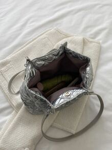 Metallic Quilted Shoulder Tote Bag - Silver - View 8