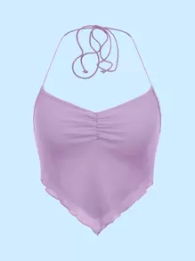 SHEIN ICON Ruched Tie Backless Hanky Hem Mesh Halter Top - Lilac Purple - View 1
