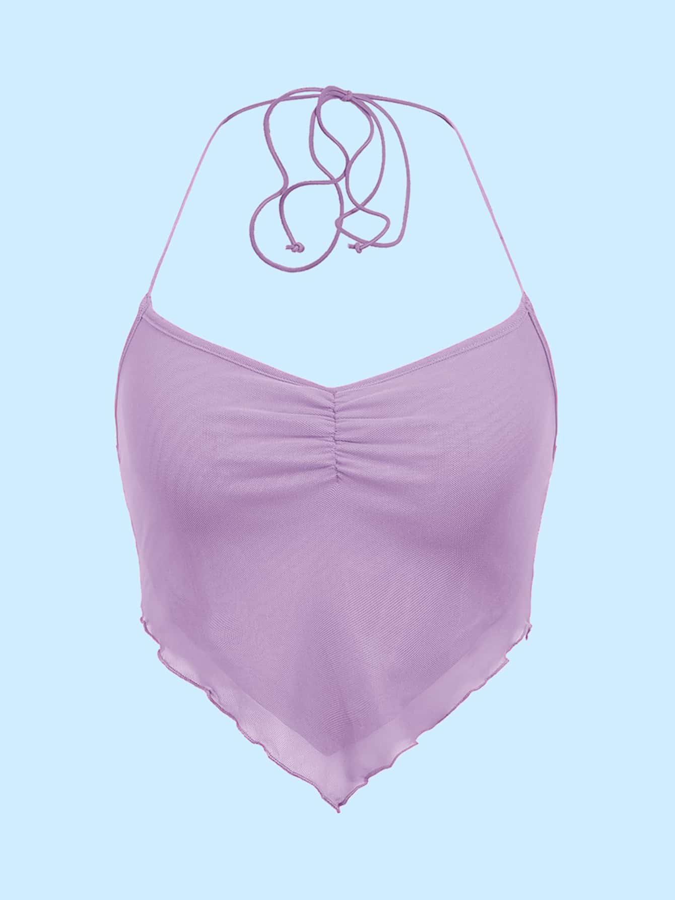 SHEIN ICON Ruched Tie Backless Hanky Hem Mesh Halter Top - Lilac Purple - View 1