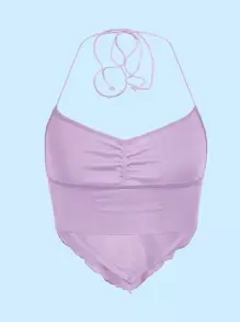 SHEIN ICON Ruched Tie Backless Hanky Hem Mesh Halter Top - Lilac Purple - View 2