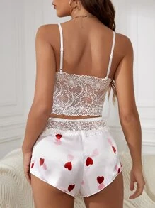 Heart Print Lace Panel Satin PJ Set / Pajama Set White Set - White - View 2