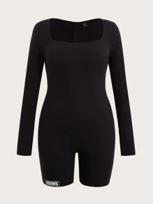 SHEIN EZwear 大碼字母圖案方領連身短褲 - 黑色 - 查看 1