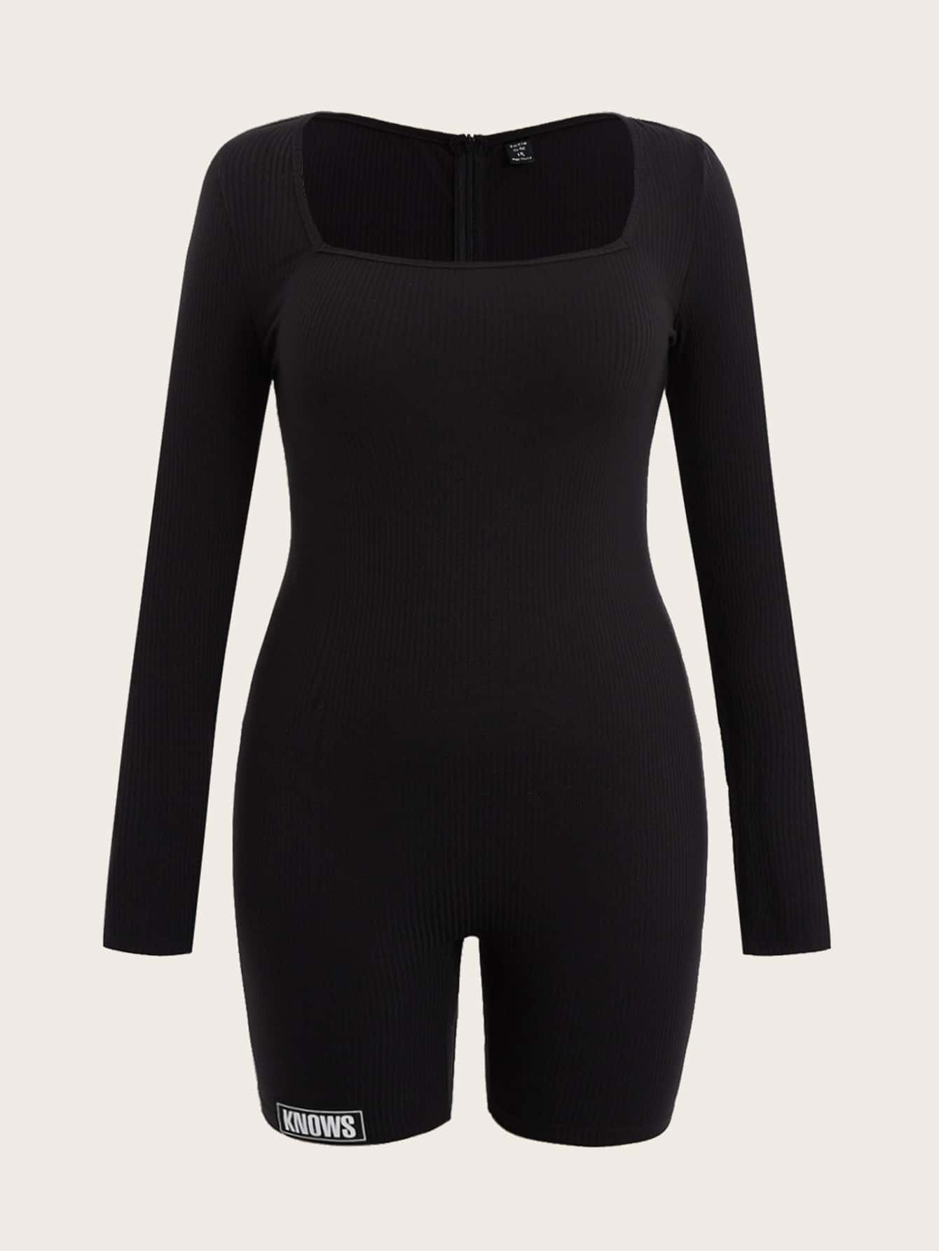 SHEIN EZwear 大碼字母圖案方領連身短褲 - 黑色 - 查看 1