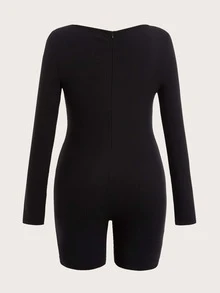 SHEIN EZwear 大碼字母圖案方領連身短褲 - 黑色 - 查看 2