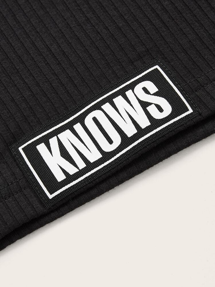 SHEIN EZwear Jumpsuits Plus Size Gân đan Lá thư Giải trí - màu đen - Xem 3