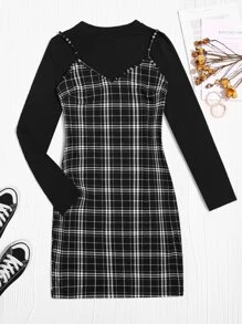 SHEIN EZwear Plus Solid Tee & Plaid Print Cami Dress Set