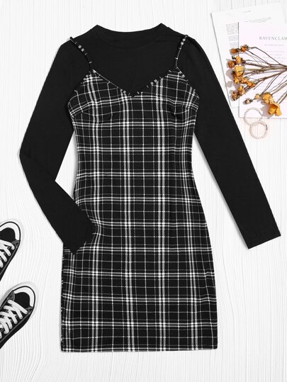 Camiseta unicolor & con estampado de cuadros Vestido de tirantes Conjunto