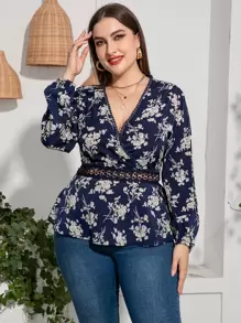 Mulvari Plus Floral Print Guipure Lace Insert Lantern Sleeve Blouse Peplum Top - Navy Blue - View 1