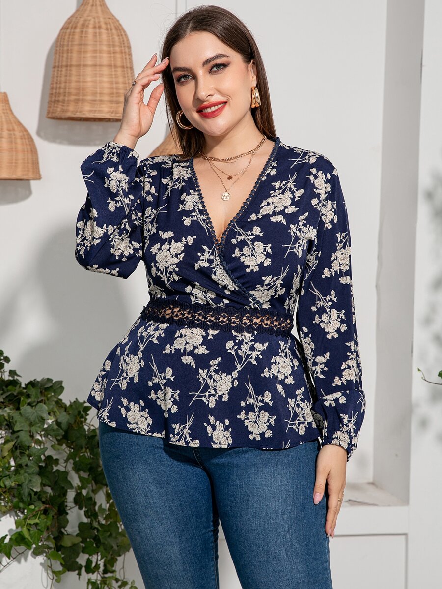 Mulvari Plus Floral Print Guipure Lace Insert Lantern Sleeve Blouse Peplum Top - Navy Blue - View 1