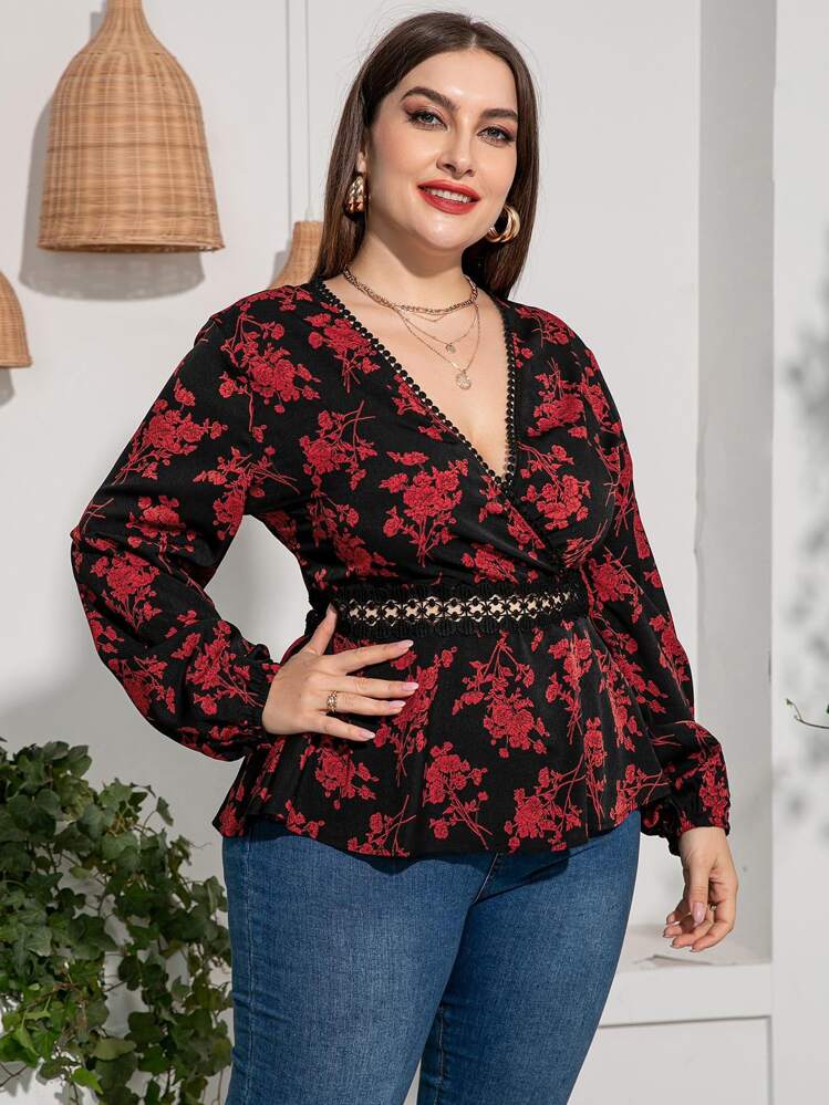 Mulvari Plus Floral Print Guipure Lace Insert Lantern Sleeve Blouse - Black - View 1