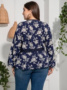 Mulvari Plus Floral Print Guipure Lace Insert Lantern Sleeve Blouse Peplum Top - Navy Blue - View 2