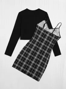 SHEIN EZwear Plus Solid Tee & Plaid Print Cami Dress Set