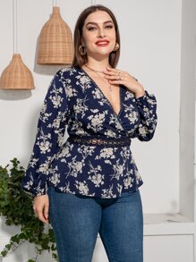Mulvari Plus Floral Print Guipure Lace Insert Lantern Sleeve Blouse Peplum Top - Navy Blue - View 3