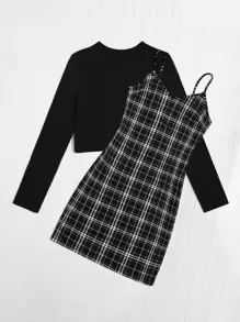 SHEIN EZwear Plus Solid Tee & Plaid Print Cami Dress Set