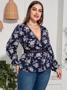 Mulvari Plus Floral Print Guipure Lace Insert Lantern Sleeve Blouse Peplum Top - Navy Blue - View 4