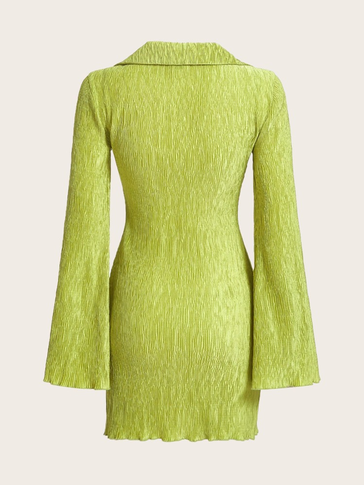 SHEIN Privé Solid Flounce Sleeve Lettuce Trim Dress - Lime Green - View 2