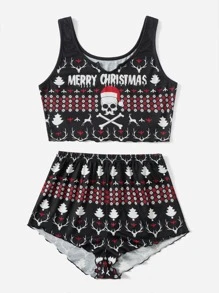 ROMWE 聖誕字母骷髏頭圖案木耳邊家居服套裝 - 黑色 - 查看 3