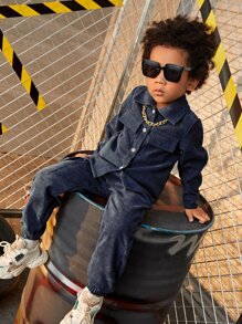 小男童1入組翻蓋口袋夾克和1入組長褲 - 藏蓝色 - 查看 1