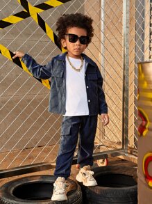 小男童1入組翻蓋口袋夾克和1入組長褲 - 藏蓝色 - 查看 3