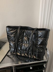 Túi đeo vai thêu họa tiết tối giản, thêu chữ thập Dung tích lớn Túi xách đan phồng, Túi xách mùa đông có đệm mềm, Túi mua sắm gối - màu đen - Xem 1