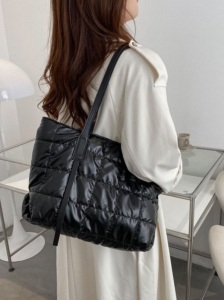Bolso De Hombro Bordado Con Patrón Minimalista De Punto De Cruz De Gran Capacidad, Bolso De Punto Acolchado Suave Con Puffy Abajo, Bolso De Invierno Acolchado, Bolso Tipo Almohada - Negro - Añade 2