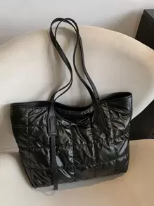 Túi đeo vai thêu họa tiết tối giản, thêu chữ thập Dung tích lớn Túi xách đan phồng, Túi xách mùa đông có đệm mềm, Túi mua sắm gối - màu đen - Xem 7