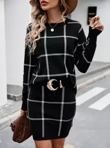 SHEIN Clasi 格紋圖案落肩袖毛衣和針織裙不附腰帶 - 黑色 - 查看 1