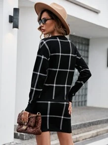SHEIN Clasi 格紋圖案落肩袖毛衣和針織裙不附腰帶 - 黑色 - 查看 2