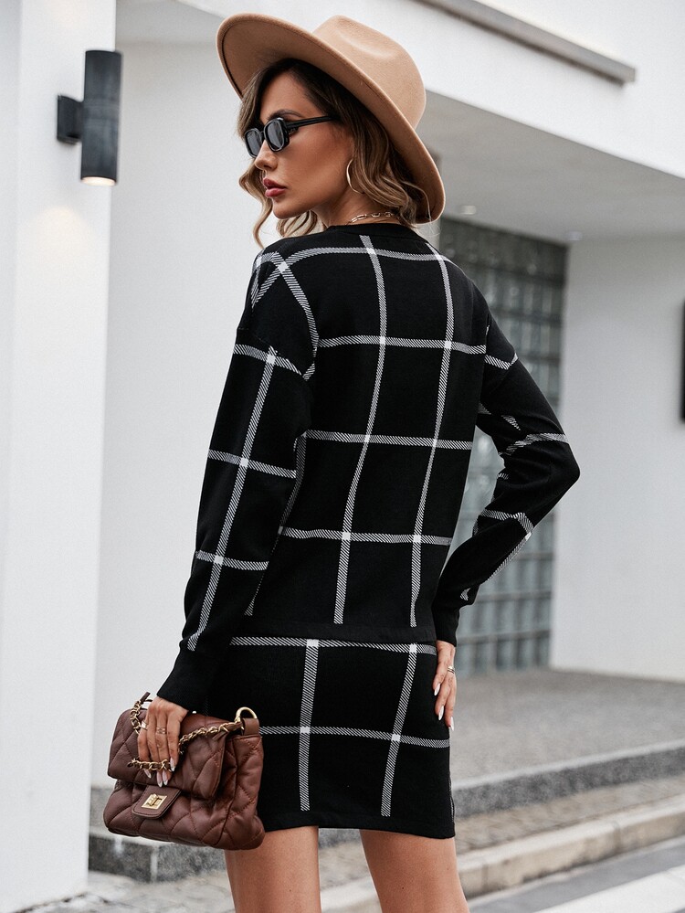 SHEIN Clasi 格紋圖案落肩袖毛衣和針織裙不附腰帶 - 黑色 - 查看 2