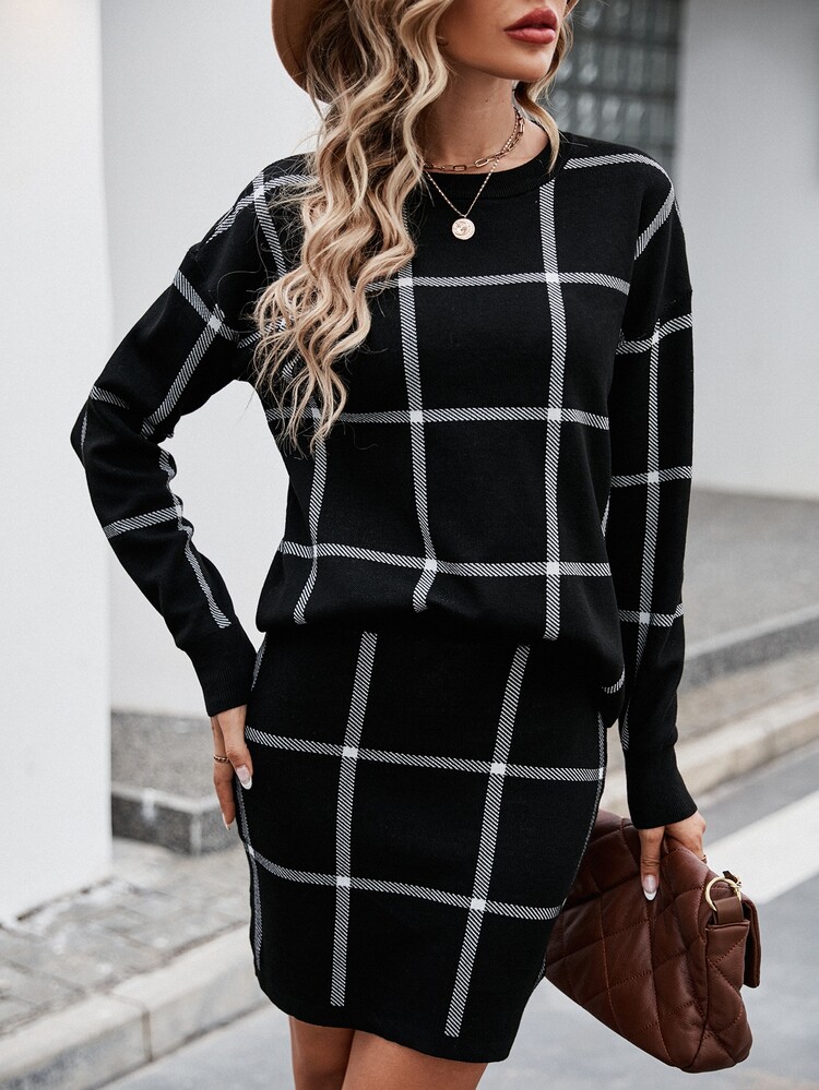 SHEIN Clasi 格紋圖案落肩袖毛衣和針織裙不附腰帶 - 黑色 - 查看 3