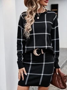 SHEIN Clasi 格紋圖案落肩袖毛衣和針織裙不附腰帶 - 黑色 - 查看 5