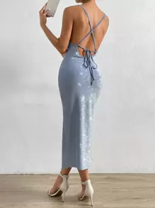 Firerie Split Thigh Tie Backless Cami Dress - Baby Blue - View 3