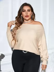 Celure Plus Asymmetrical Neck Batwing Sleeve Jumper - Beige - View 1