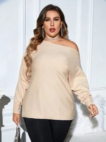 Celure Plus Asymmetrical Neck Batwing Sleeve Jumper - Beige - View 5