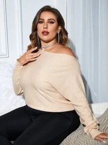 Celure Plus Asymmetrical Neck Batwing Sleeve Jumper - Beige - View 6