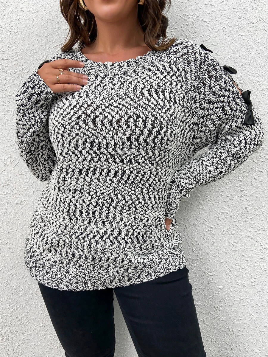 SHEIN LUNE Plus Bow Detail Cutout Jumper - Light Grey - View 1