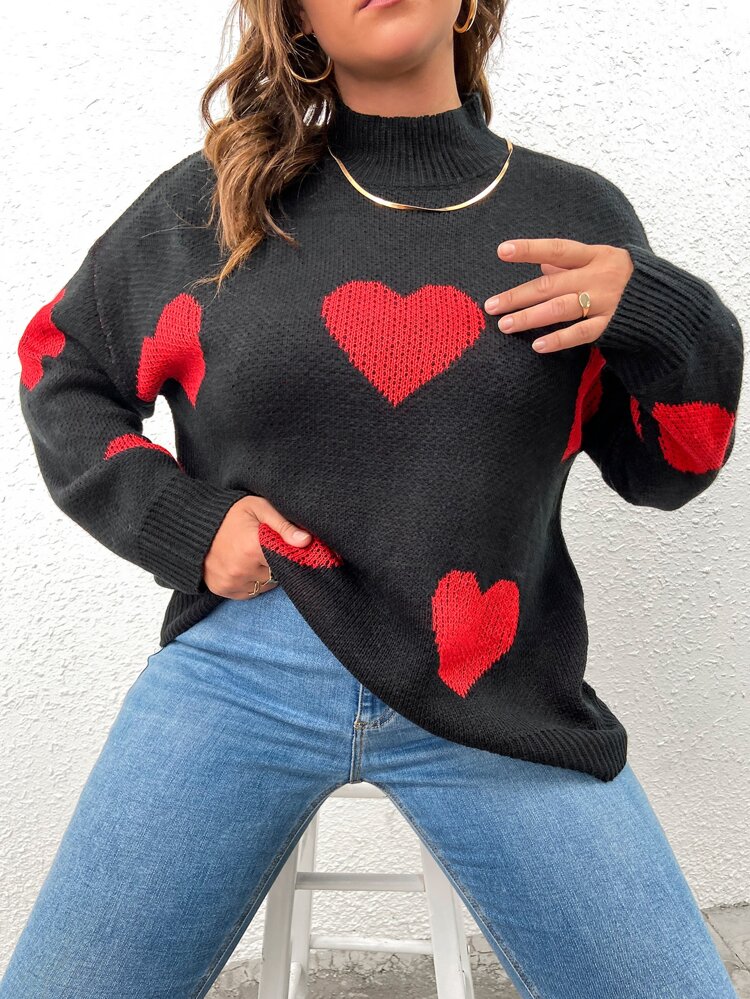 Plus Size Women Color Contrast Knitted Blend Turtleneck Heart Print Long Sleeve Casual Pullover Sweater, Autumn/Winter Fall
