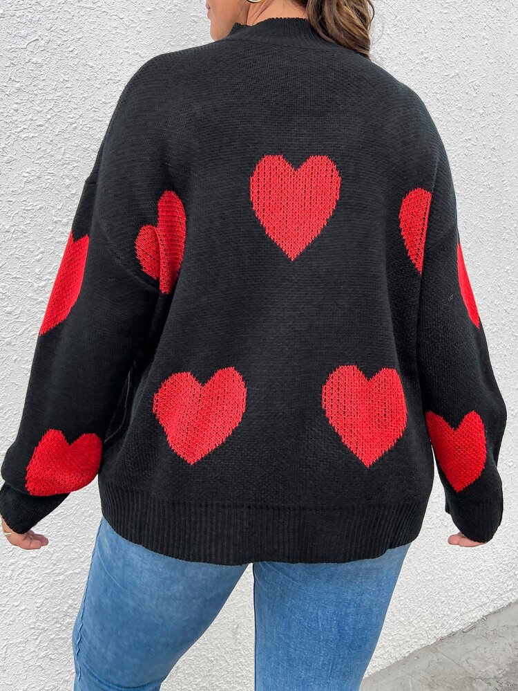 Plus Size Women Color Contrast Knitted Blend Turtleneck Heart Print Long Sleeve Casual Pullover Sweater, Autumn/Winter Fall