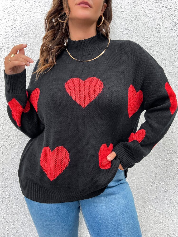 Flirla Plus Size Women Color Contrast Knitted Blend Turtleneck Heart Print Long Sleeve Casual Pullover Sweater, Autumn/Winter  Fall Outfit - Black - View 3