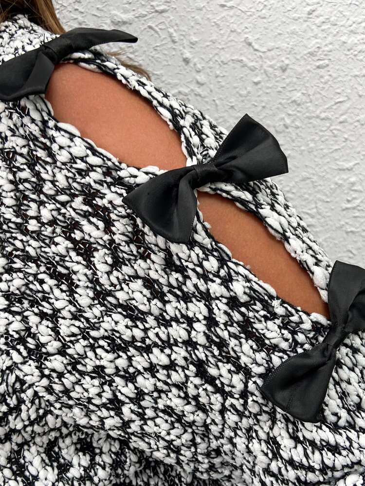 SHEIN LUNE 大碼蝴蝶結細節鏤空套頭毛衣 - 淺灰色 - 查看 6