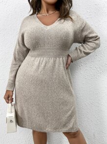 Flirla Plus Size Women's Solid Color V-Neck Waist Cinched Slit Hem Sweater Dress, Elegant & Versatile Office Wear, Autumn/Winter - Apricot - View 4