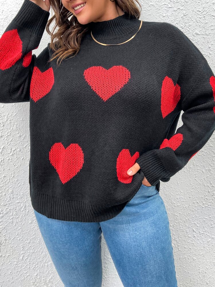 Plus Size Women Color Contrast Knitted Blend Turtleneck Heart Print Long Sleeve Casual Pullover Sweater, Autumn/Winter Fall