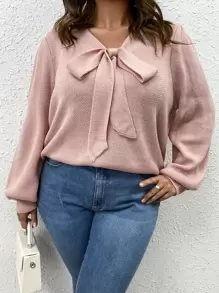 SHEIN LUNE Plus Tie Neck Lantern Sleeve Jumper - Coral Pink - View 1