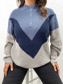 SHEIN LUNE 加大码撞色半拉链针织套头衫，秋冬款 - 彩色 - 查看 2