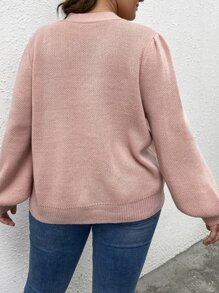 SHEIN LUNE Plus Tie Neck Lantern Sleeve Jumper - Coral Pink - View 2