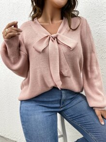 SHEIN LUNE Plus Tie Neck Lantern Sleeve Jumper - Coral Pink - View 3