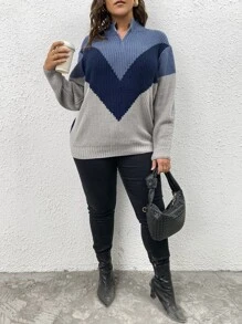 SHEIN LUNE 加大码撞色半拉链针织套头衫，秋冬款 - 彩色 - 查看 4