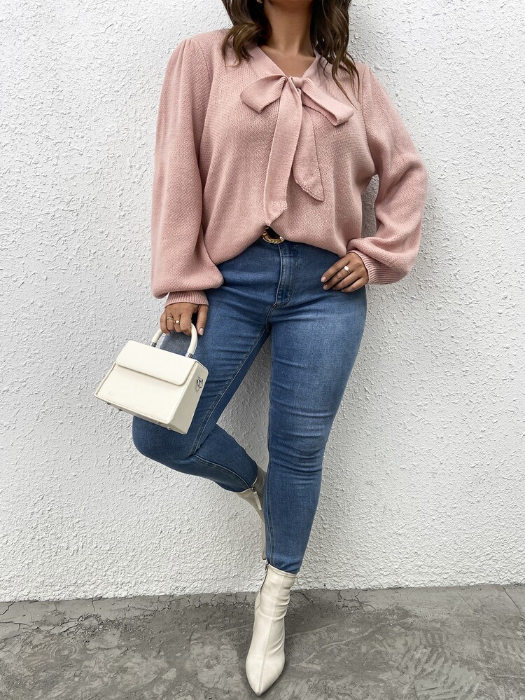 SHEIN LUNE Plus Tie Neck Lantern Sleeve Sweater - Coral Pink - View 4