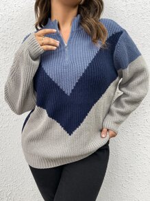 SHEIN LUNE 加大码撞色半拉链针织套头衫，秋冬款 - 彩色 - 查看 1