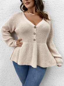 SHEIN Franclia Plus Plunging Neck Peplum Sweater